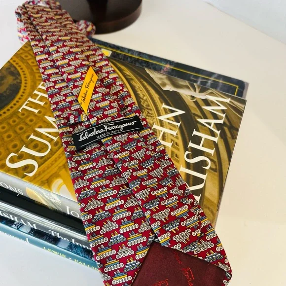 SALVATORE FERRAGAMO Silk Necktie “Tug Boat” Print Tipped Burgundy Gray 58.5x3.5 - Picture 4 of 10